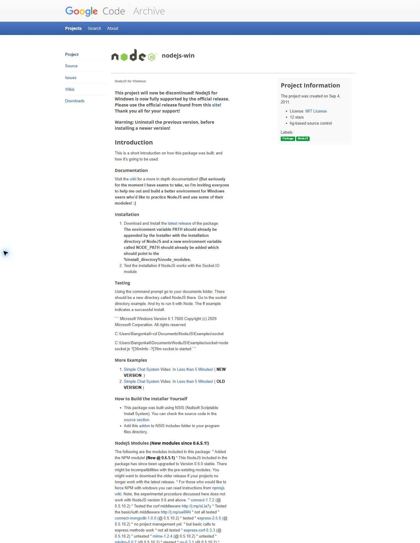 NodeJS for Windows · Google Code archive — public page excerpt